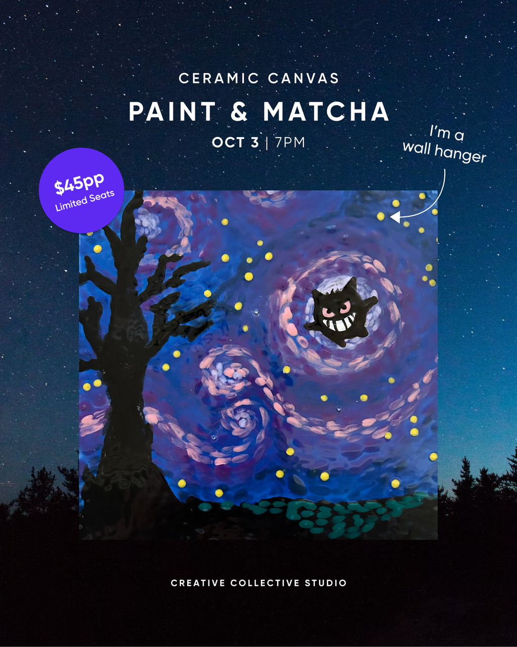 Oct 3 | 7:00 PM | Ceramic Canvas Paint & Sip: Gengar Starry Night