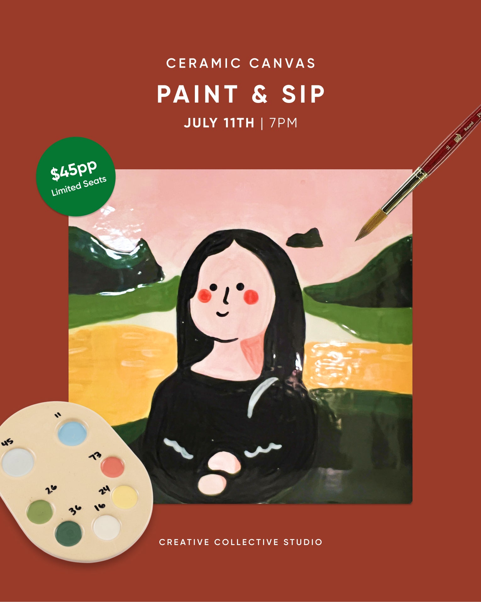 July 11 | 7:00 PM | Ceramic Canvas Paint & Sip: Mona Lisa